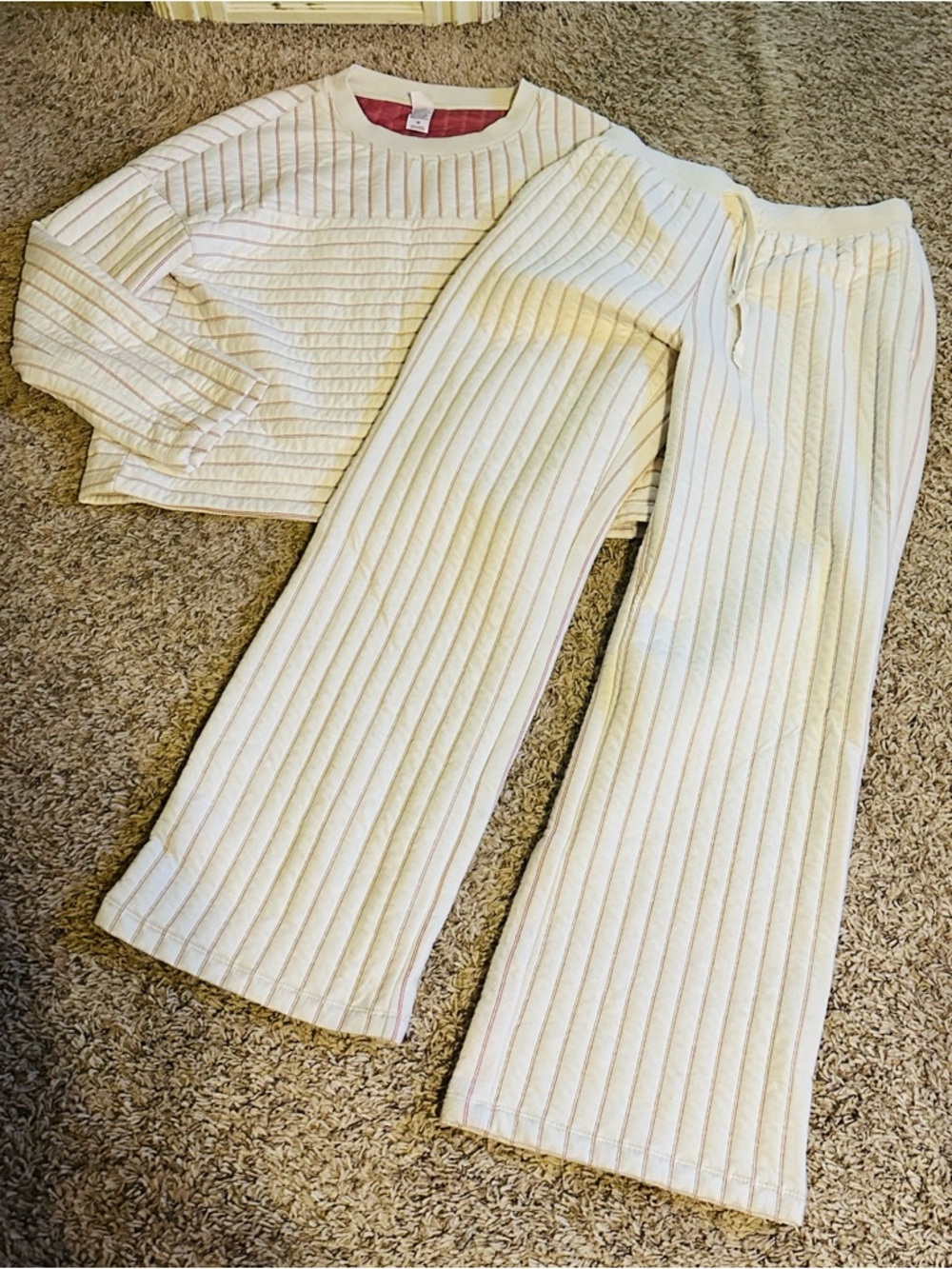 Auden Cream and Pink Ribbed Lounge Top Set